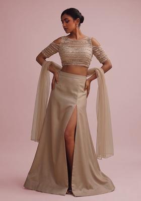 Sand Beige Sequin Silk Fusion Set