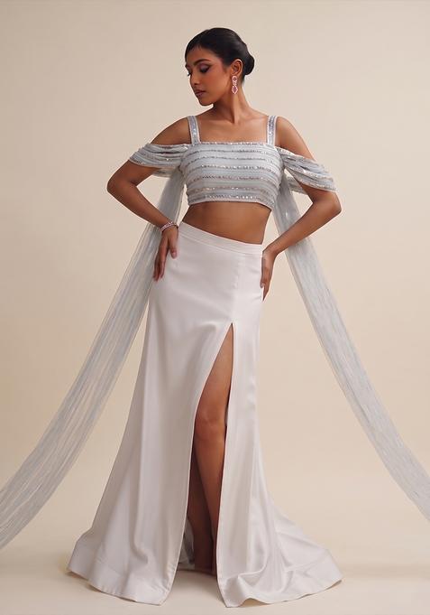 Off White Sequin Silk Fusion Set