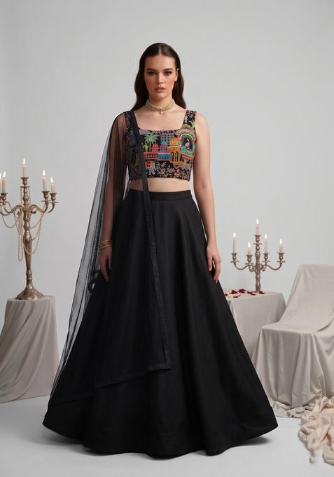 Black Embroidered Crepe Lehenga Set