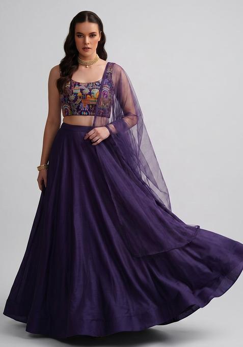 Deep Purple Embroidered Crepe Lehenga Set