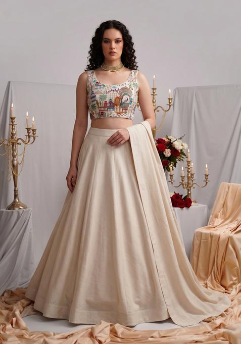 Beige Embroidered Crepe Lehenga Set
