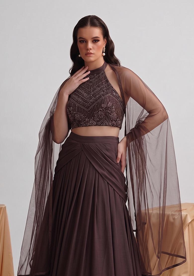 Brown Embellished Net Lehenga Set - Indya