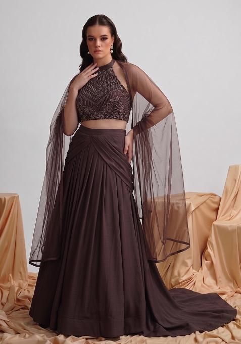 Brown Embellished Net Lehenga Set
