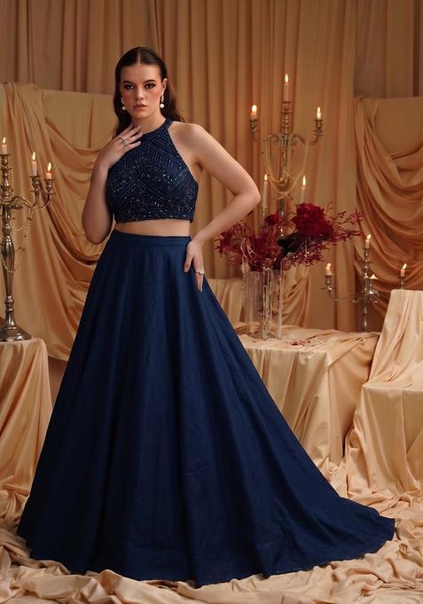 Navy Blue Embellished Net Lehenga Set