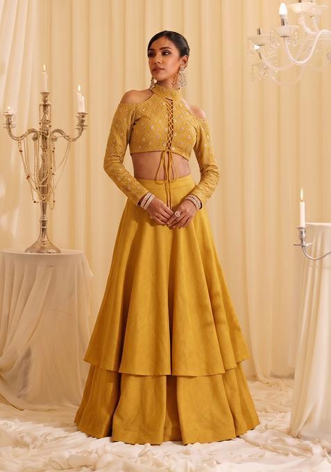 Mustard Sequin Georgette Lehenga Set