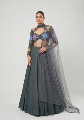 Grey Embroidered Organza Lehenga Set