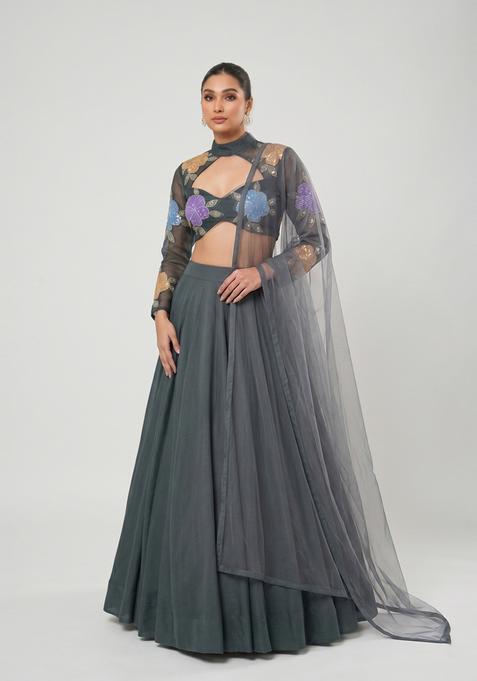 Grey Embroidered Organza Lehenga Set