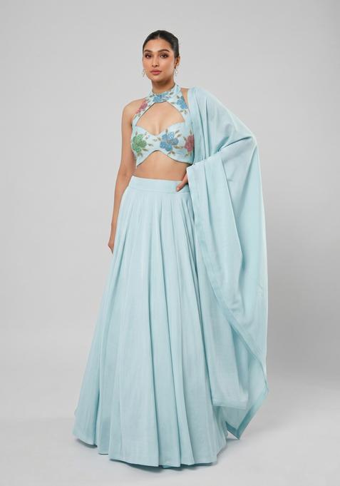 Light Blue Embroidered Organza Lehenga Set