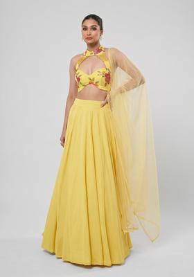 Pastel Yellow Embroidered Organza Lehenga Set