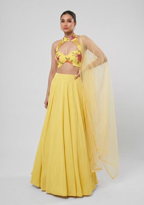 Mustard Embroidered Organza Lehenga Set