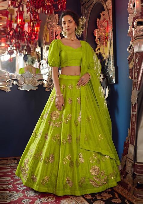 Lime Green Solid Lehenga Set
