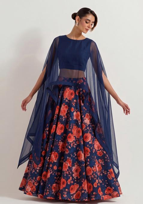 Navy Blue Printed Chiffon Lehenga Set