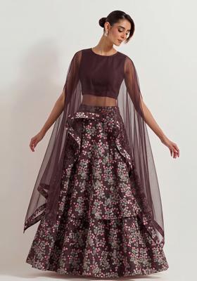 Brown Printed Georgette Lehenga Set