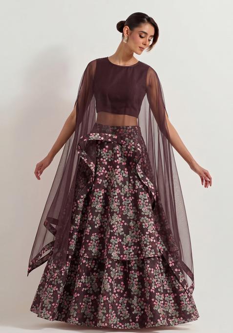 Brown Printed Georgette Lehenga Set