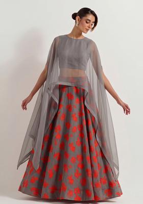 Grey Printed Georgette Lehenga Set