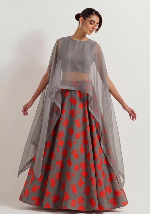 Grey Printed Georgette Lehenga Set