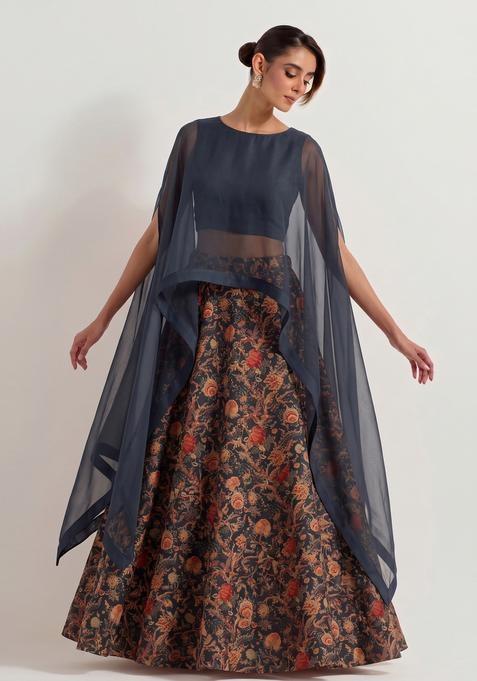 Grey Printed Georgette Lehenga Set