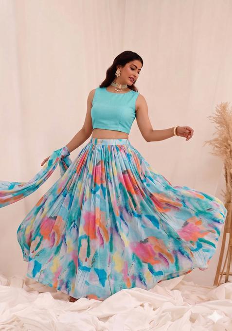 Turquoise Blue Solid Organza Lehenga Set