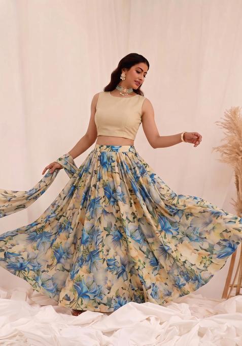Beige Solid Organza Lehenga Set