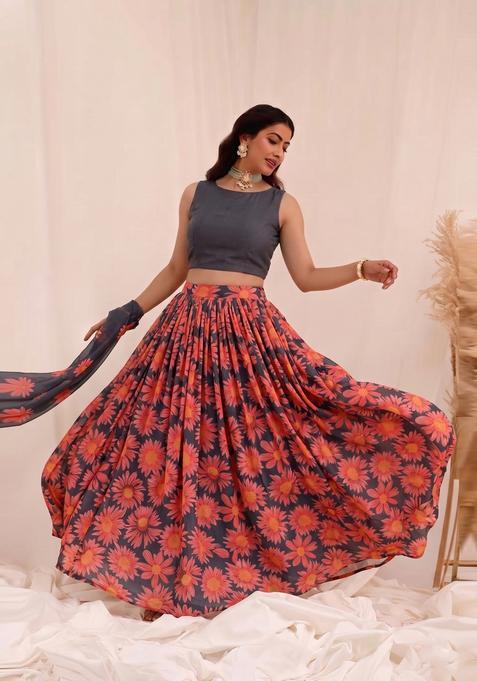 Orange Printed Organza Lehenga Set