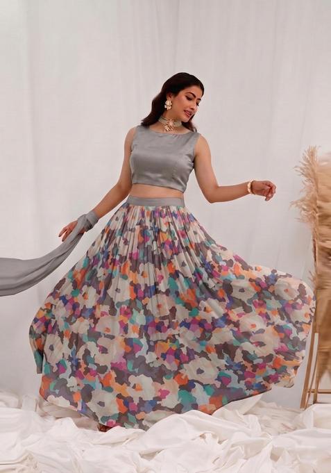 Grey Printed Organza Lehenga Set