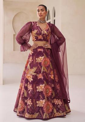 Wine Embroidered Organza Lehenga Set