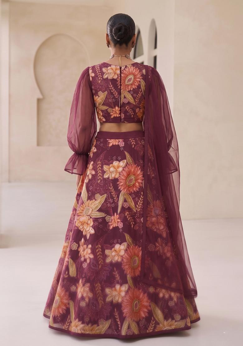 Wine Embroidered Organza Lehenga Set - Indya