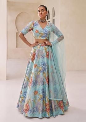 Sky Blue Embroidered Organza Lehenga Set
