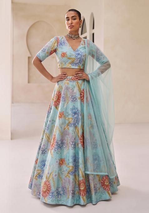 Sky Blue Embroidered Organza Lehenga Set