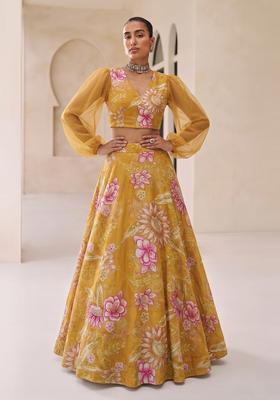 Mustard Yellow Printed Organza Lehenga Set