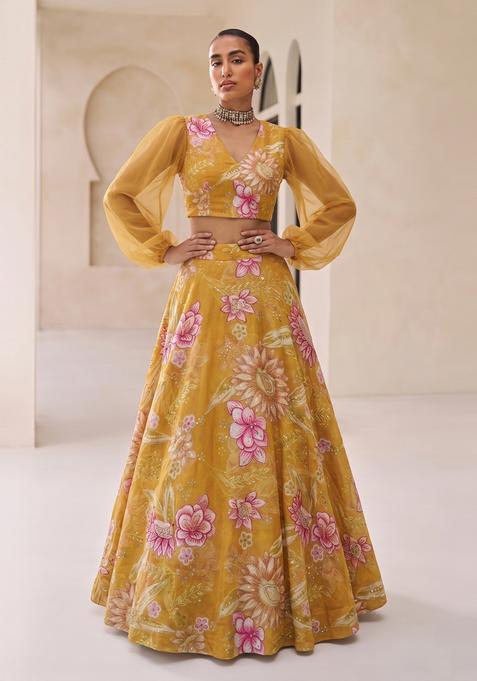 Mustard Yellow Printed Organza Lehenga Set