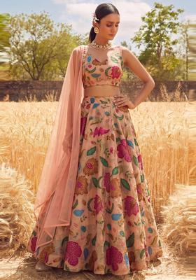 Peach Embroidered Organza Lehenga Set