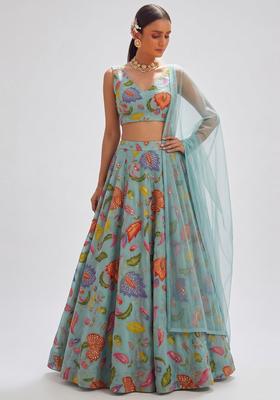 Pastel Blue Embroidered Organza Lehenga Set