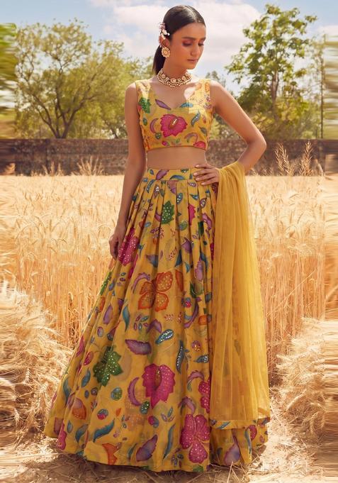 Mustard Yellow Printed Organza Lehenga Set