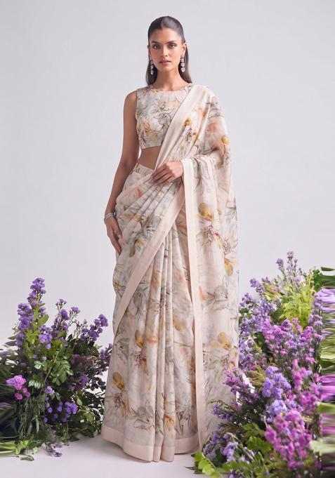 Off White Printed Organza Pre Draped Saree Set