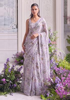 Lilac Printed Organza Pre Draped Saree Set