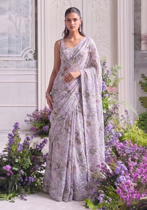 Lilac Printed Organza Pre Draped Saree Set