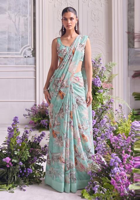 Mint Green Printed Organza Pre Draped Saree Set