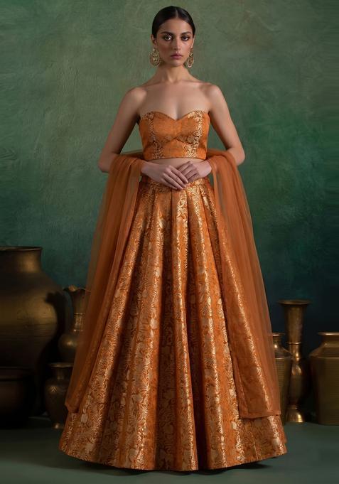 Rust Orange Brocade Lehenga Set