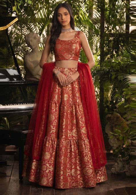 Deep Red Brocade Lehenga Set