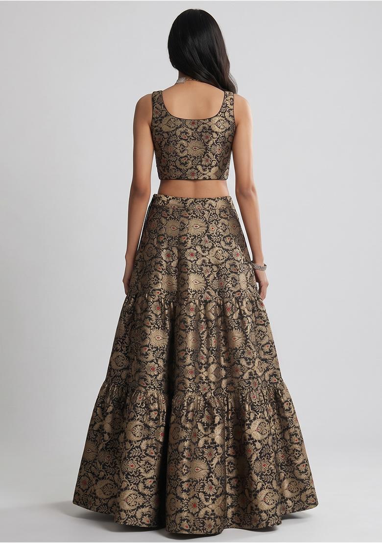 Black Brocade Lehenga Set - Indya