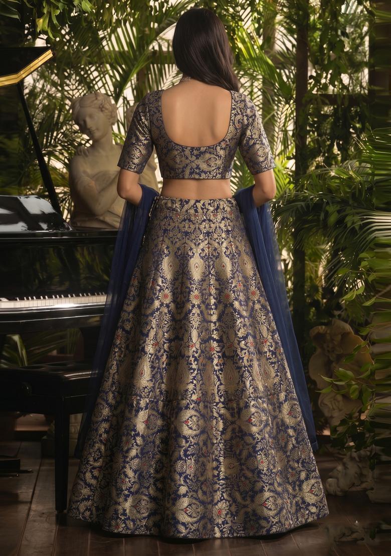 Navy Blue Brocade Lehenga Set - Indya