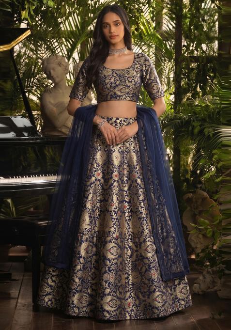 Navy Blue Brocade Lehenga Set