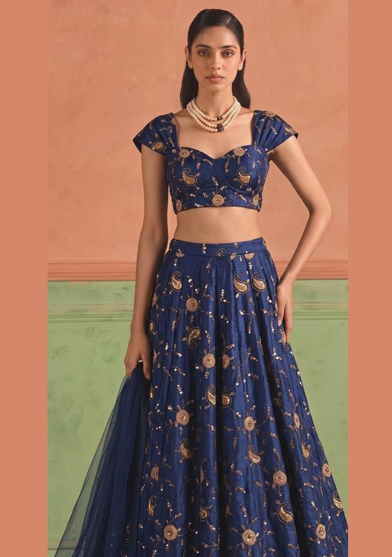 Navy Blue Embroidered Tissue Lehenga Set - Indya