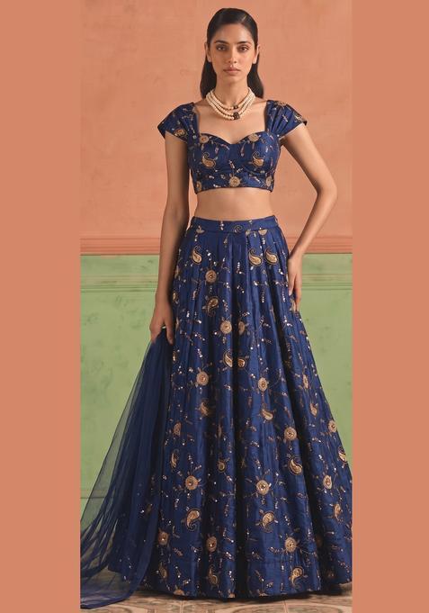 Navy Blue Embroidered Tissue Lehenga Set