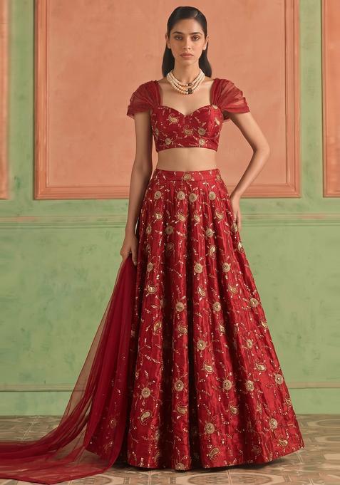 Deep Red Embroidered Tissue Lehenga Set