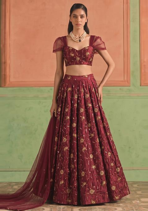 Deep Wine Embroidered Tissue Lehenga Set