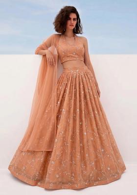 Dusty Peach Embroidered Organza Lehenga Set