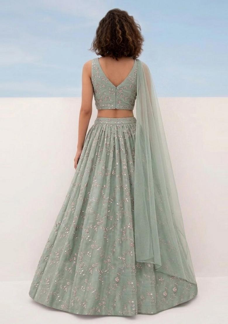 Sage Green Embroidered Organza Lehenga Set - Indya