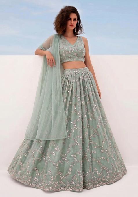 Sage Green Embroidered Organza Lehenga Set